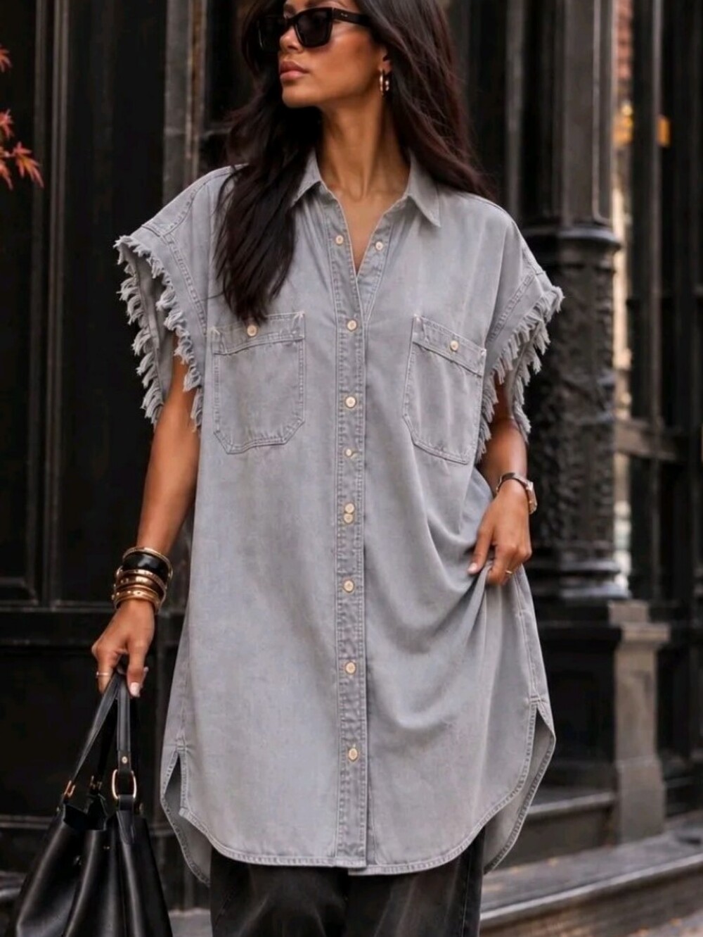 R13 Frayed Sleeve Washed Blue Denim Tunic Top - Large